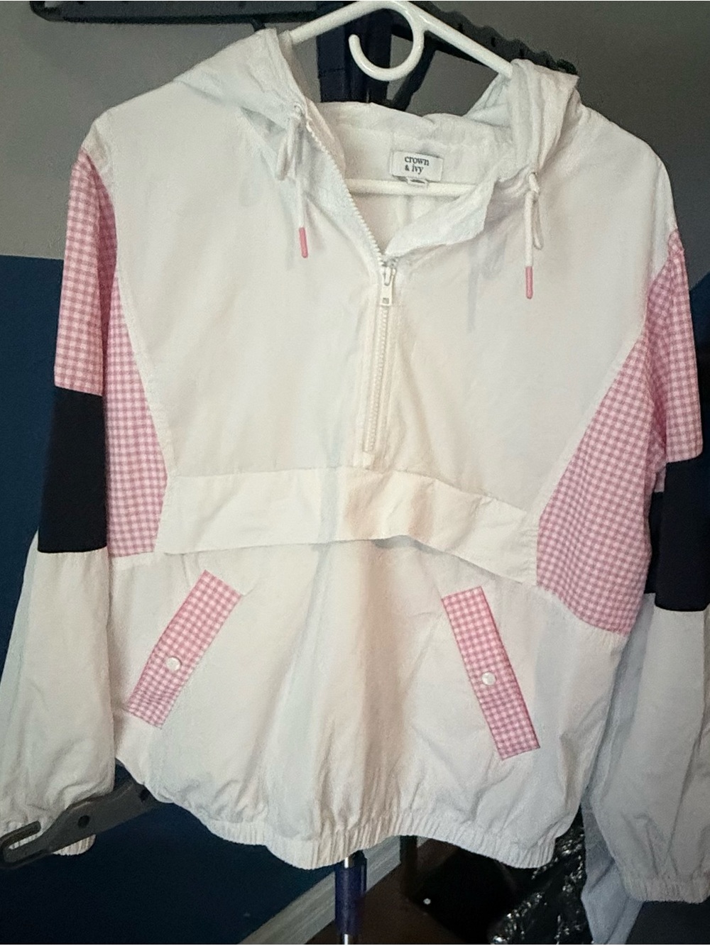 Crown & Ivy Large Pink Gingham Colorblock Hooded Anorak Windbreaker Jacket